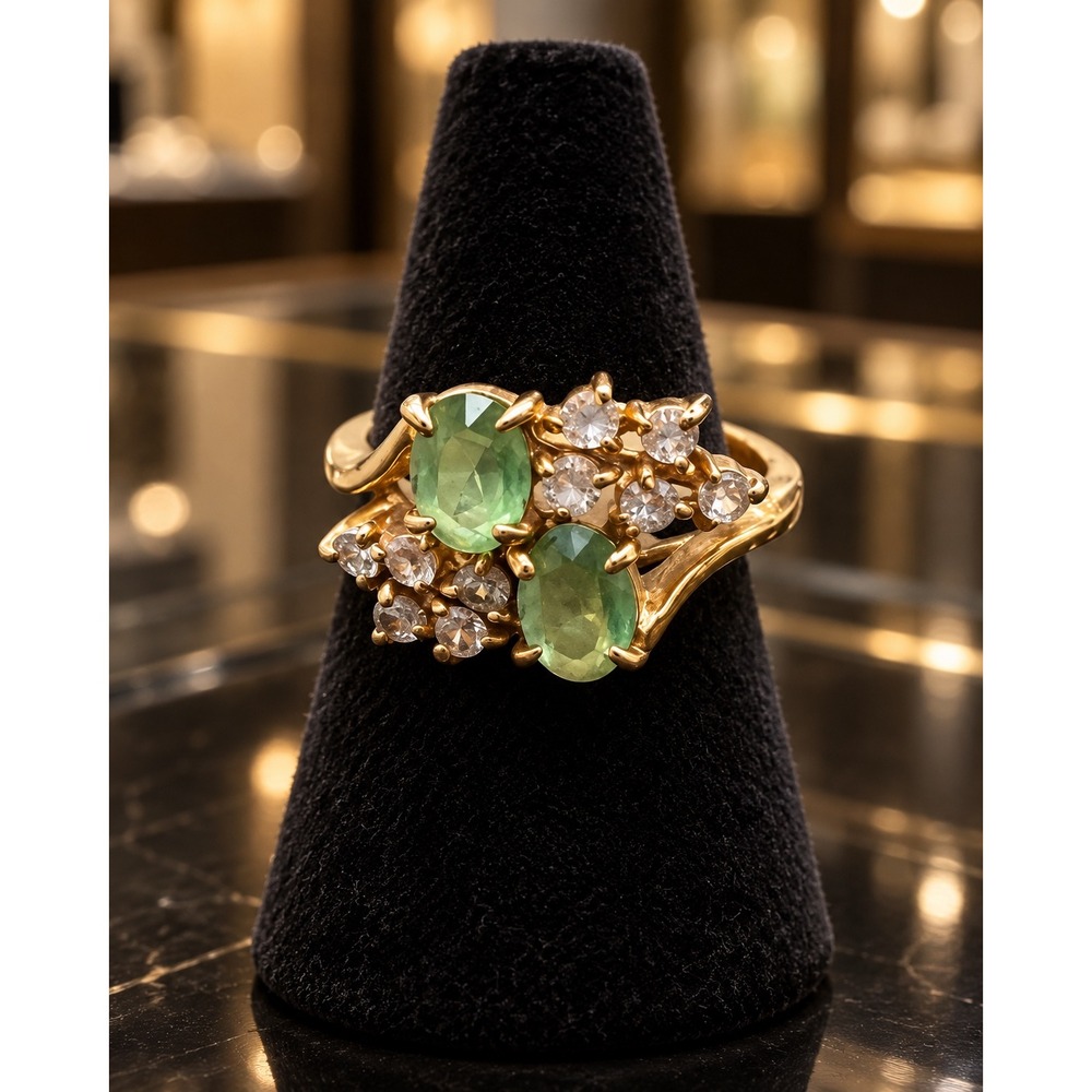 10K Gold Green Stone Toi Et Moi Cluster Ring Size 4